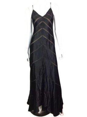 Papell Boutique Evening Black Silk Chevron Maxi Dress Formal Wear Size 4 Petite